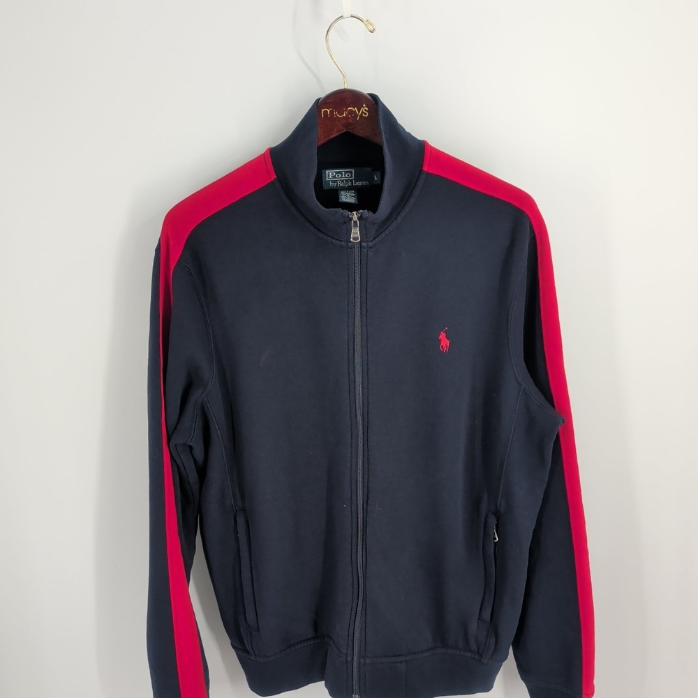 Vintage Polo By Ralph‎ Lauren Fleece Full Zip Track Jacket Navy Blue Red Size L